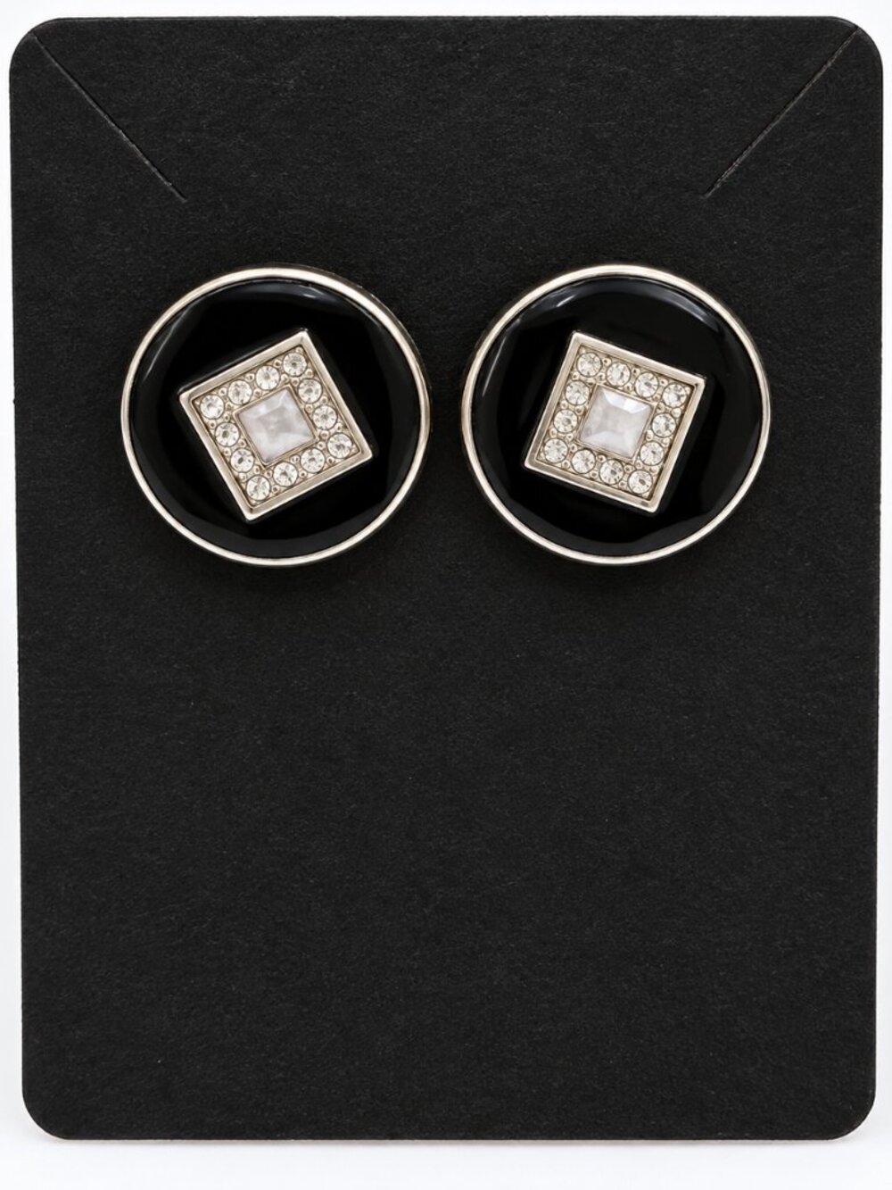 Trifari Black Silver Tone Rhinestone Statement Stud Earrings